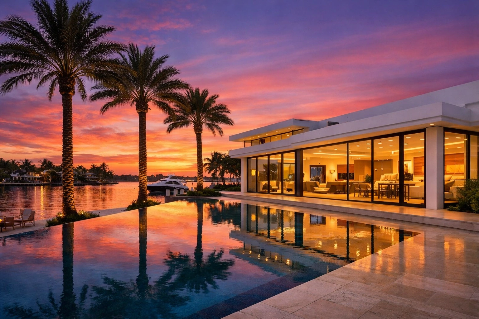 Luxury South Florida waterfront home with an infinity pool and sunset views.