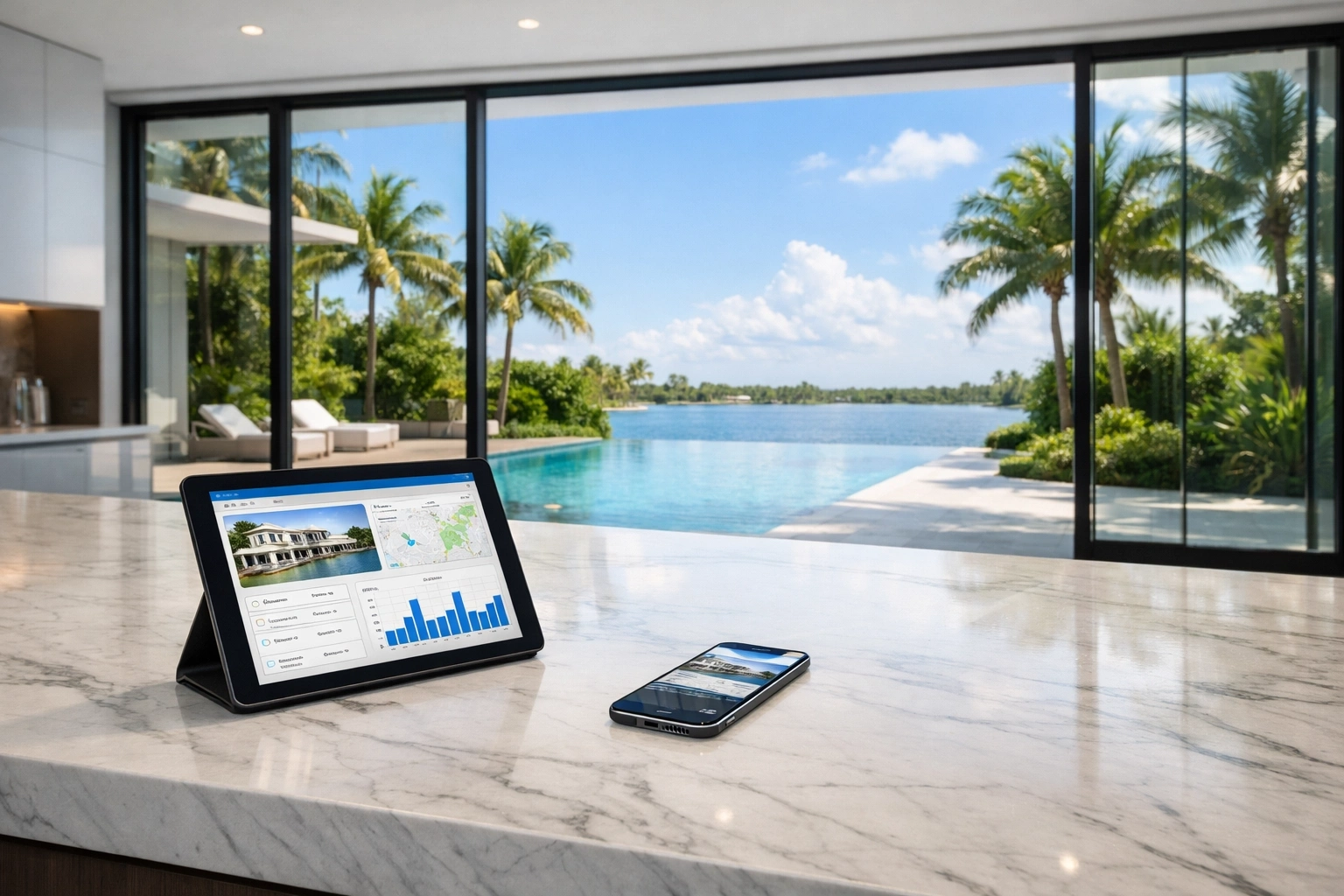 Modern tech-driven Florida real estate workspace with luxury pool view representing efficient referral systems.